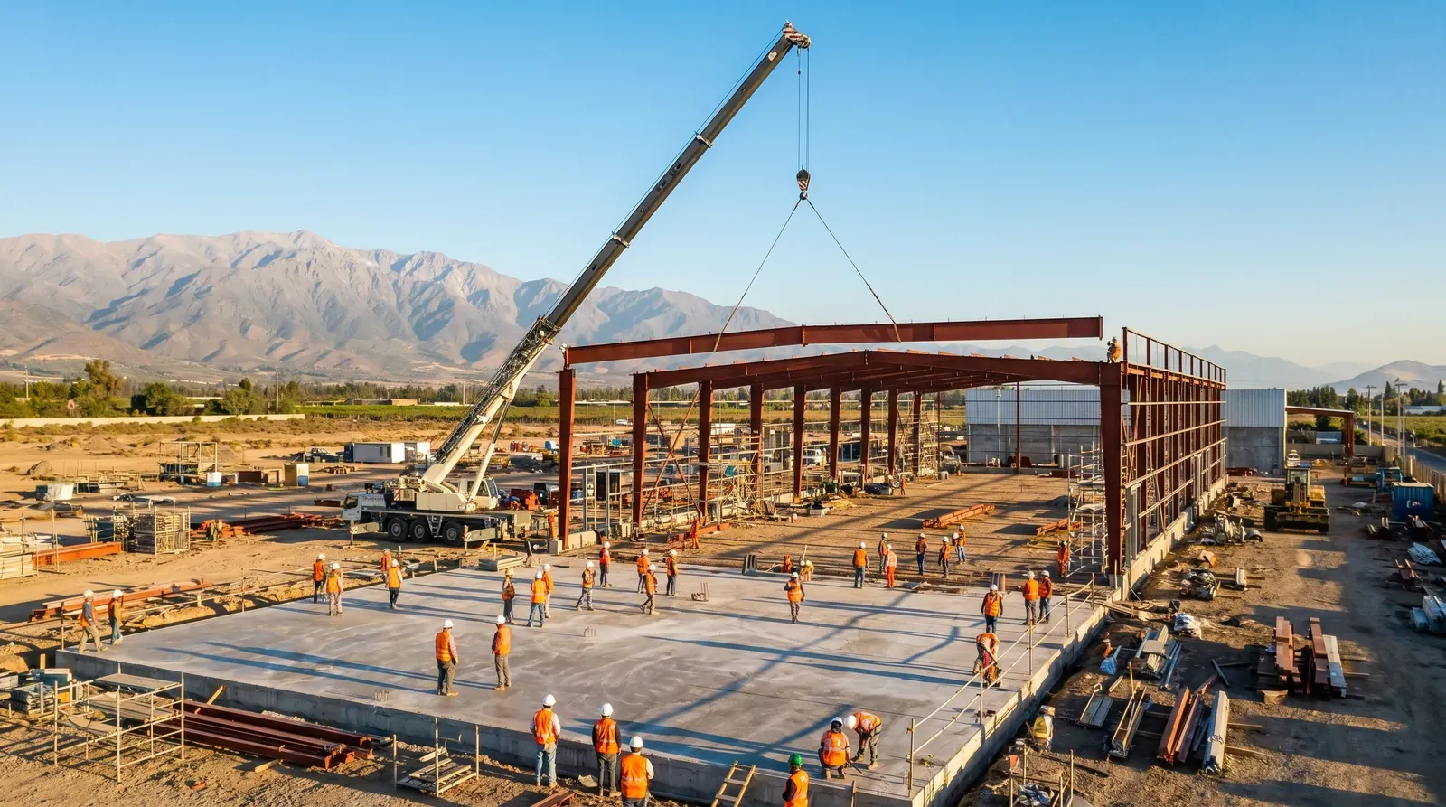 Montaje de estructura metálica industrial con grúa — Obras Industriales