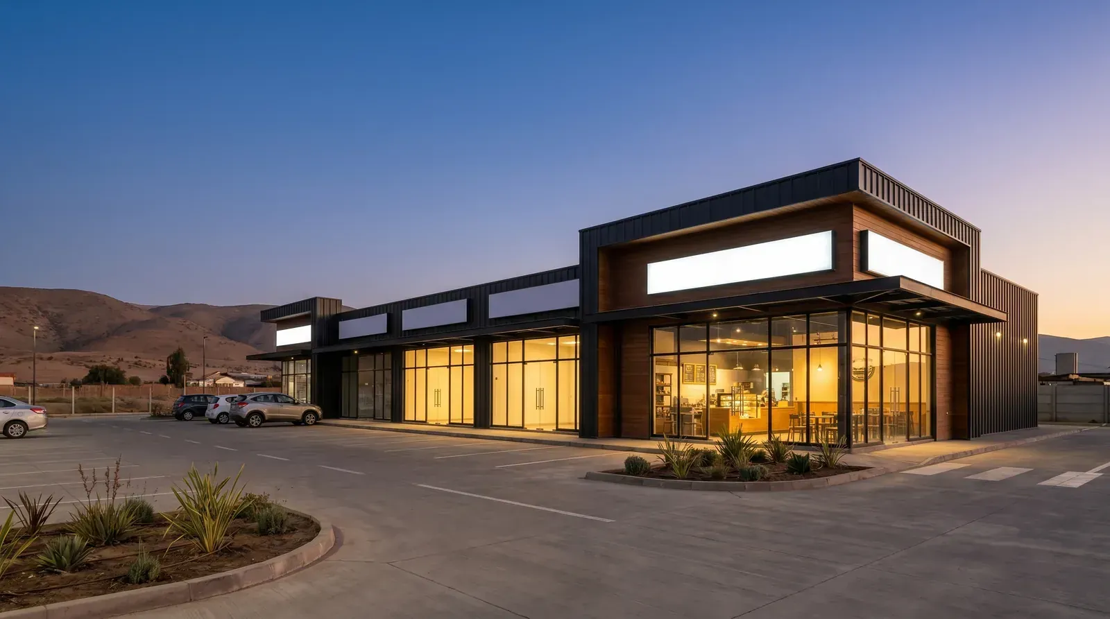 Strip center comercial al atardecer — Retail Corporativo